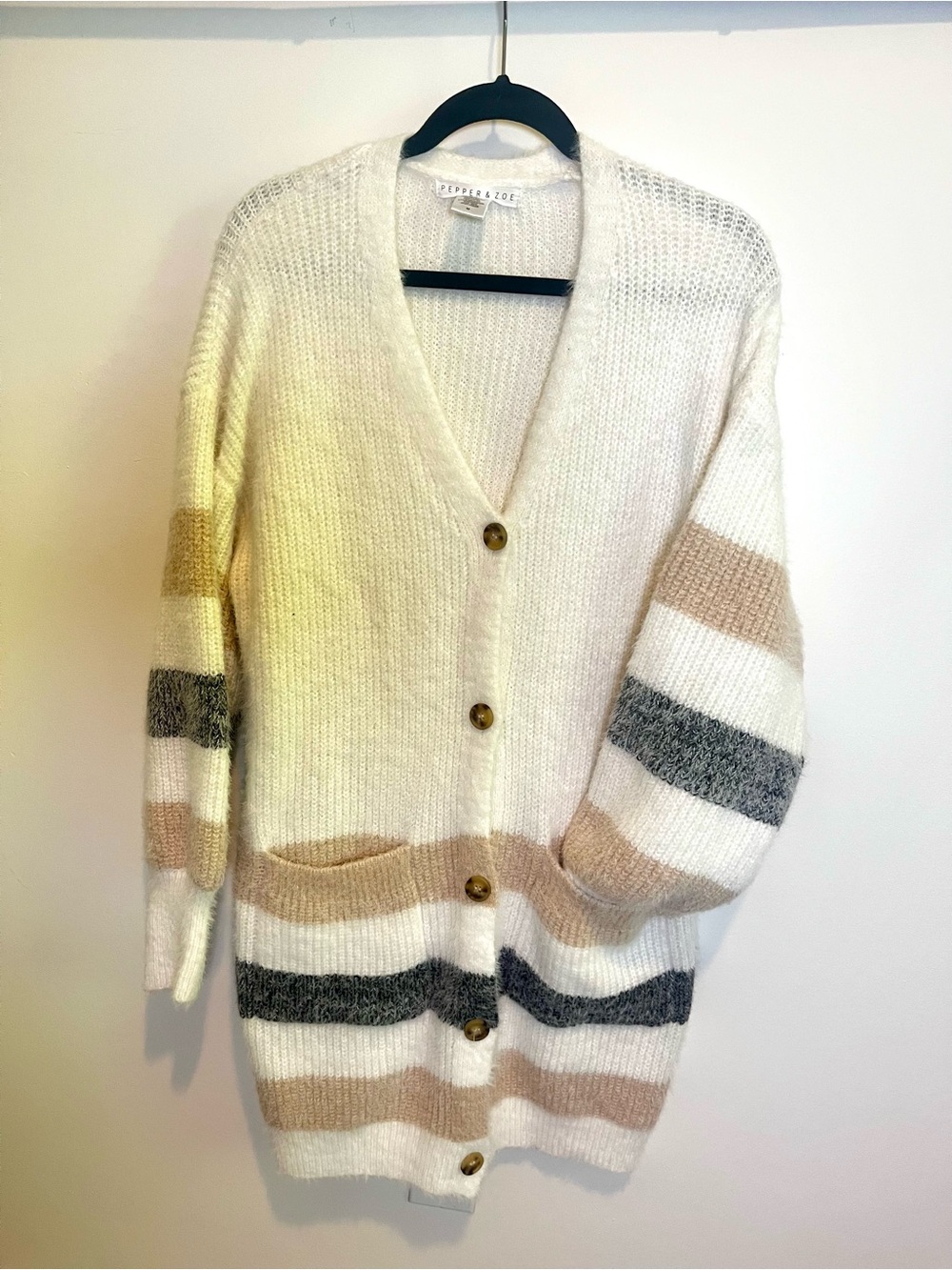 Cozy Soft Striped Cream Button-Front Oversized Long Cardigan